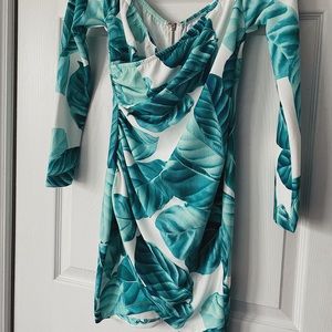 Tropical Leaf Print Off Shoulder Dress